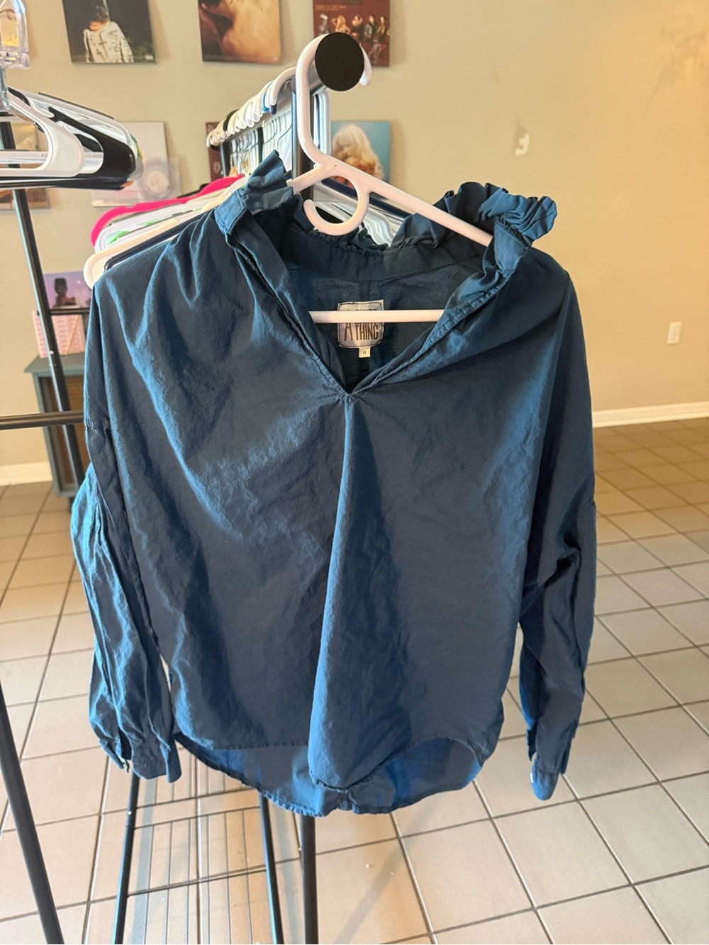 Lightweight Navy Ruffle-Neck Blouse - Women's Long Sleeve